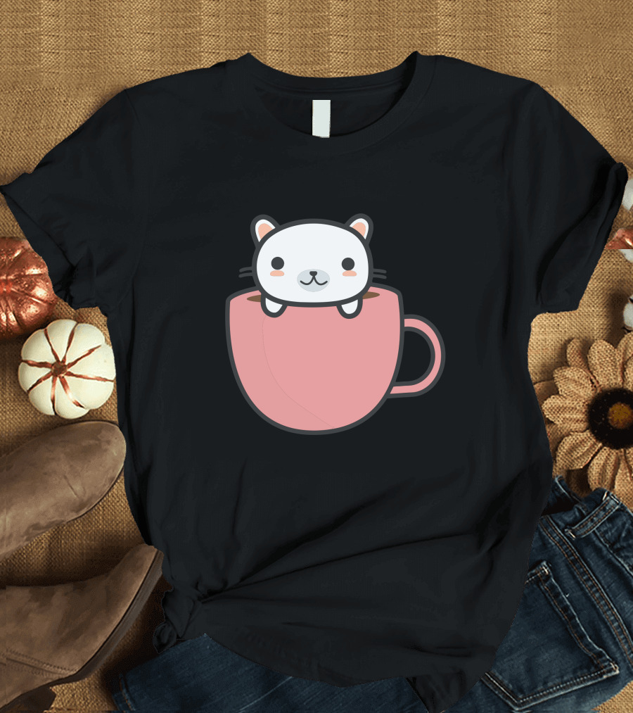 Cat In A Coffee Cup Adorable Kitty Peeking Out T-Shirt