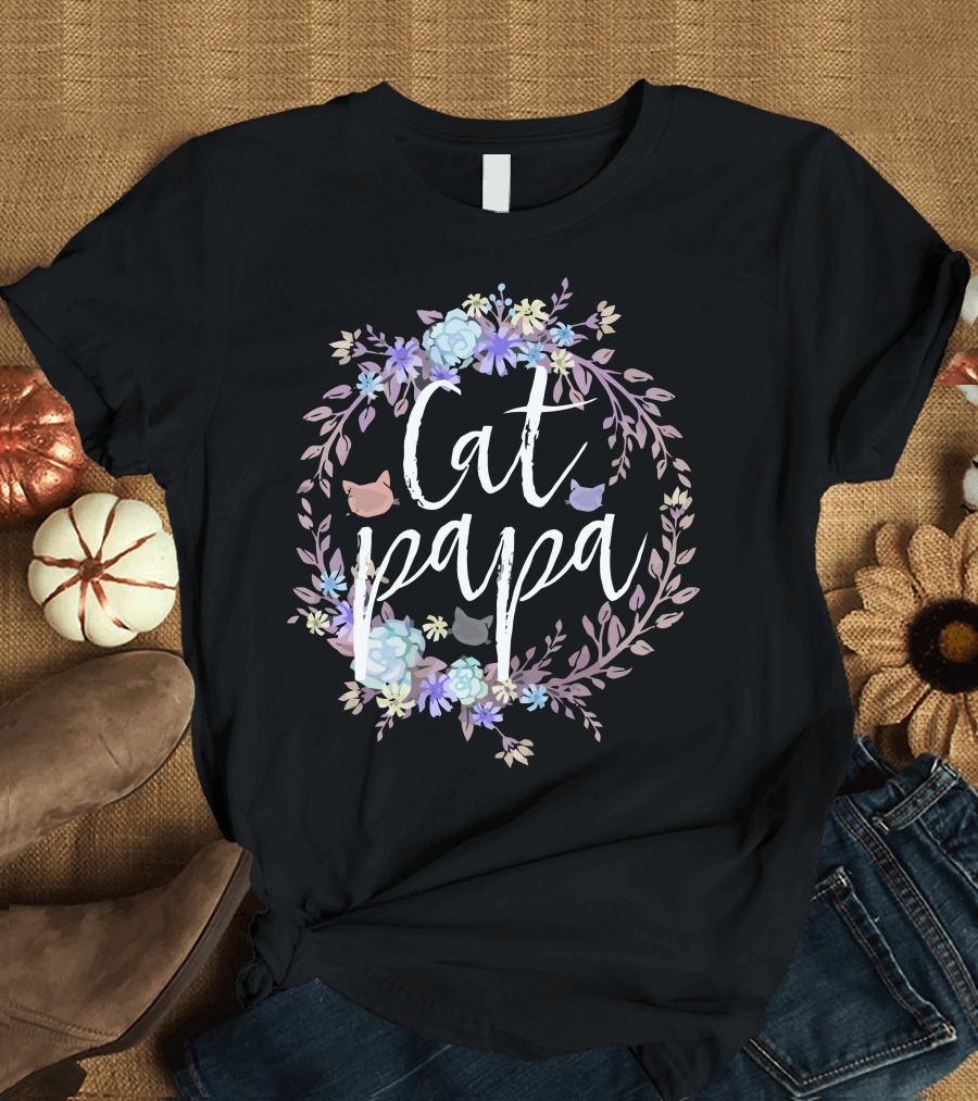 Cat Papa White Lettering Floral Cat Heads T-Shirt