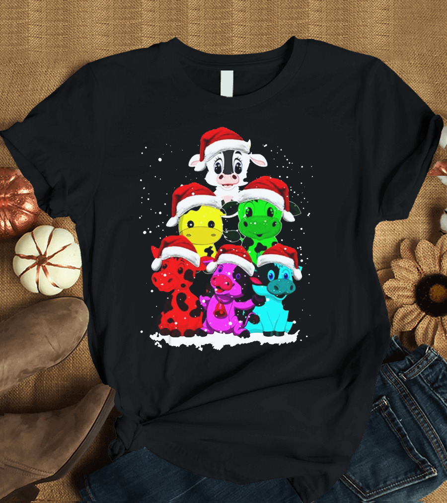 Cow Christmas Santa Hat Stack Multicolor Cows T-Shirt