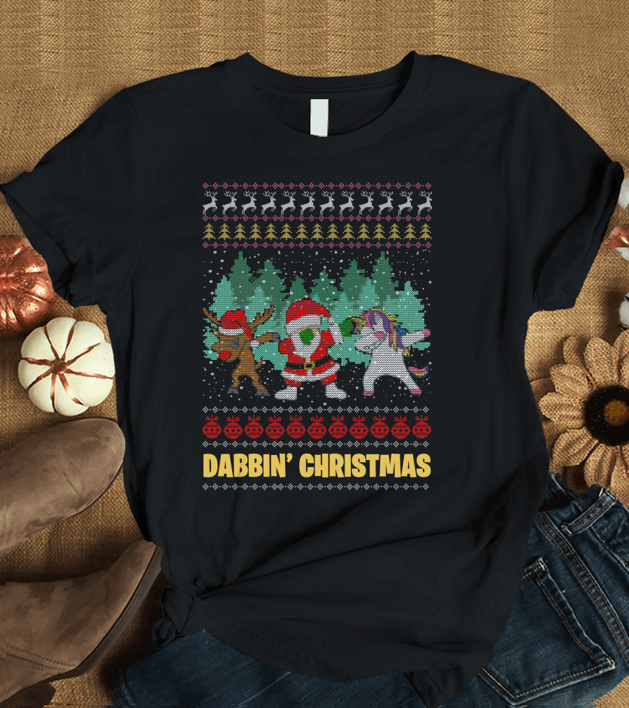 Dabbin' Christmas Ugly Sweater Santa Reindeer Unicorn T-Shirt