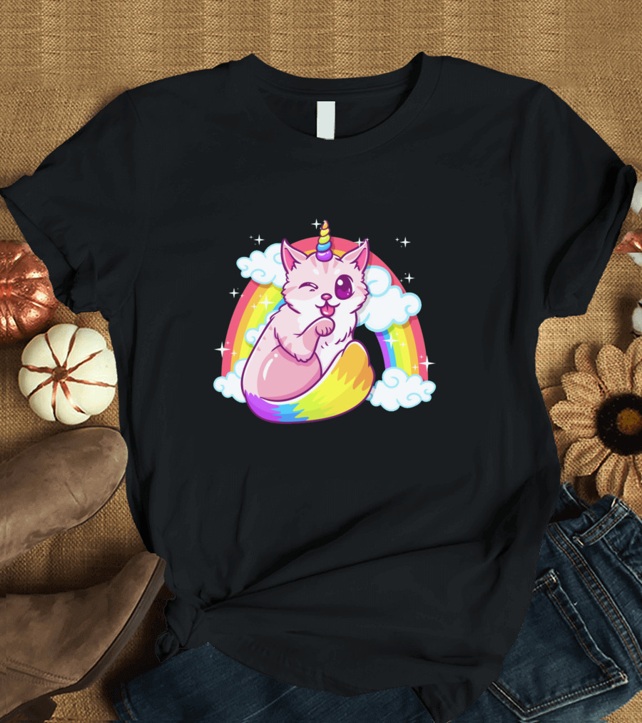 Majestic Meowgical Caticorn with Rainbow and Unicorn Horn T-Shirt