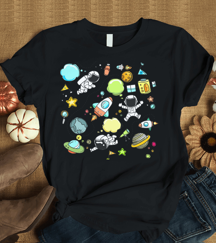 Space Adventure with Astronauts and Rockets Among Planets and Stars T-Shirt