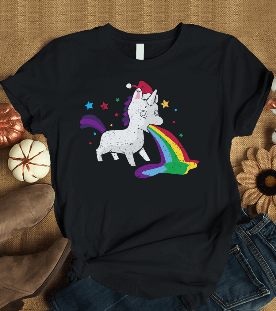 Unicorn Santa Hat Vomiting Rainbow with Stars T-Shirt