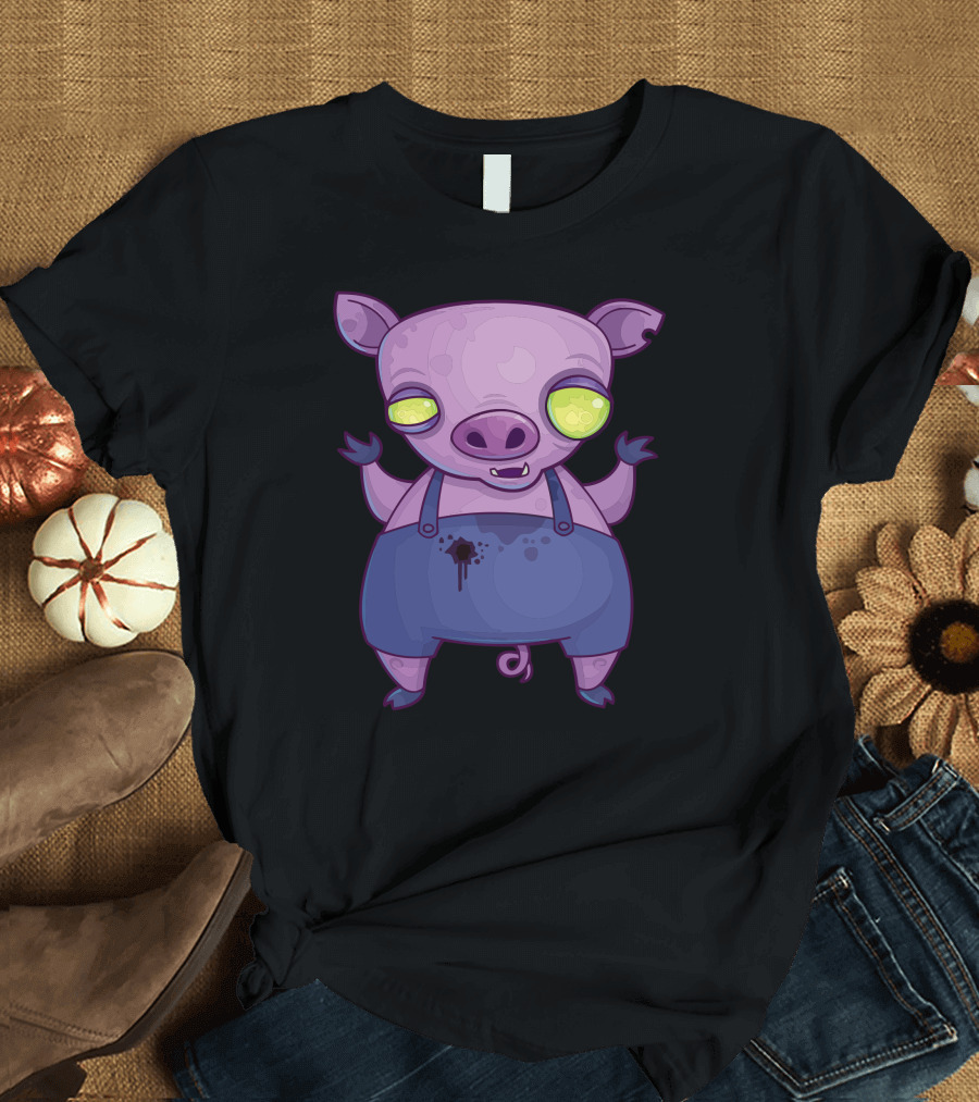 Zombie Piggy Glowing Eyes Purple Overalls T-Shirt
