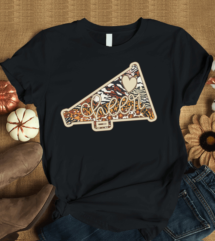Cheer Megaphone Animal Print Heart T-Shirt