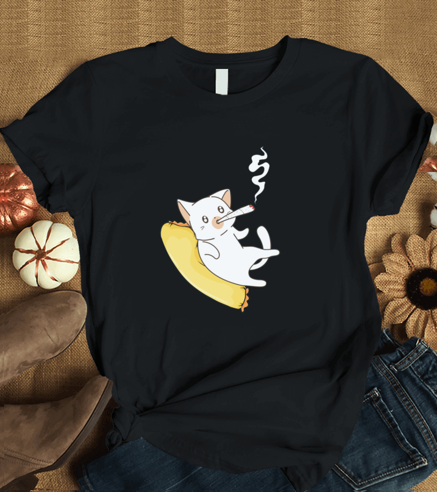 Funny Weed Smoking Cat Relaxed on a Yellow Cushion T-Shirt