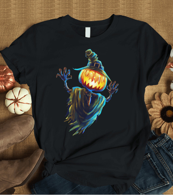 T-Shirt: Halloween Scarecrow Pumpkin Head Glowing Jack-o'-Lantern Wizard Hat T-Shirt Halloween Scarecrow Pumpkin Head Glowing Jack-o'-Lantern Wizard Hat T-Shirt