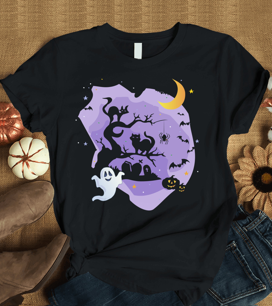 Halloween White Ghost Pumpkin Light Bat Black Cat Tombstone Crescent Moon Spider T-Shirt