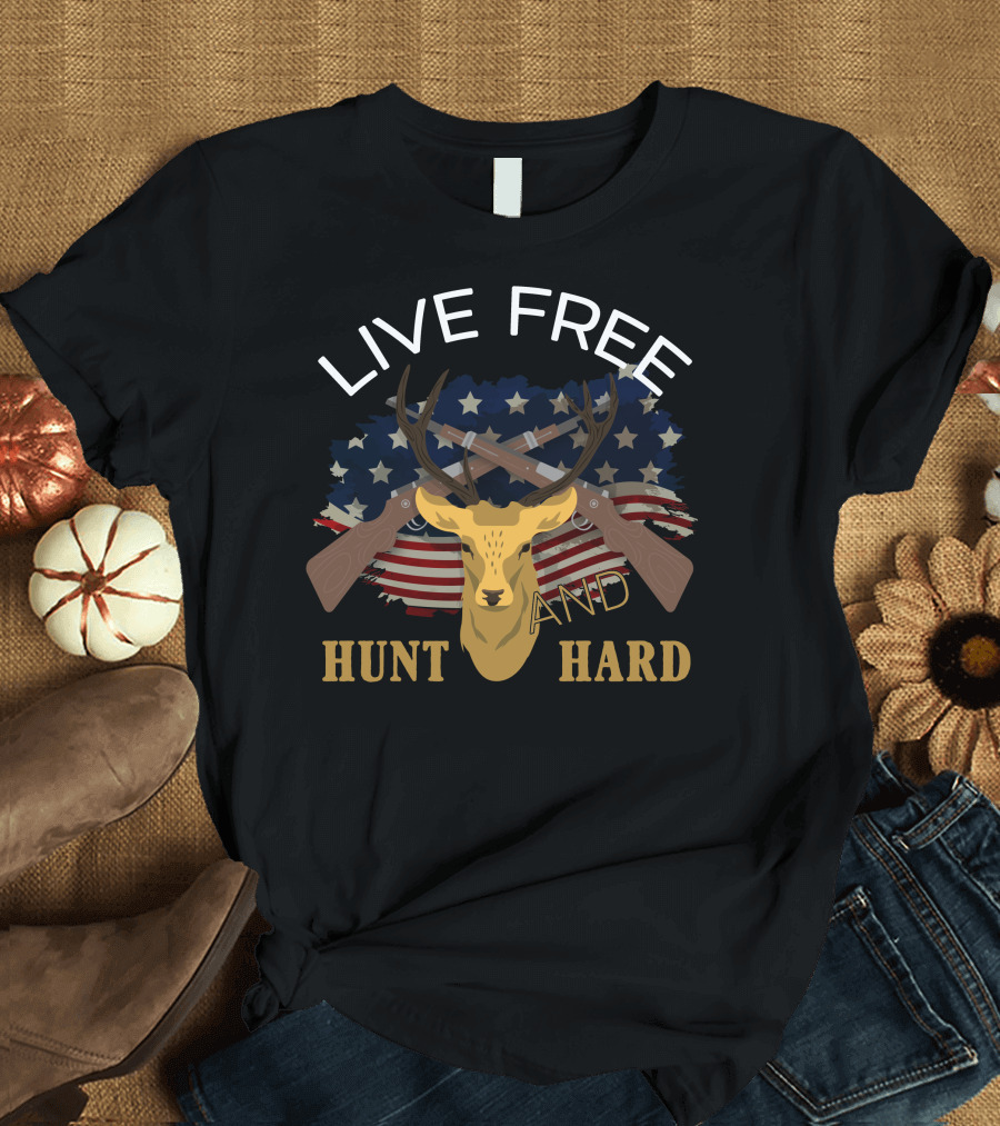 Live Free Hunt and Hard American Flag Deer Antlers T-Shirt