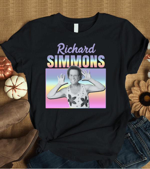 T-Shirt: Richard Simmons Retro Fitness Icon Rainbow Background T-Shirt Richard Simmons Retro Fitness Icon Rainbow Background T-Shirt