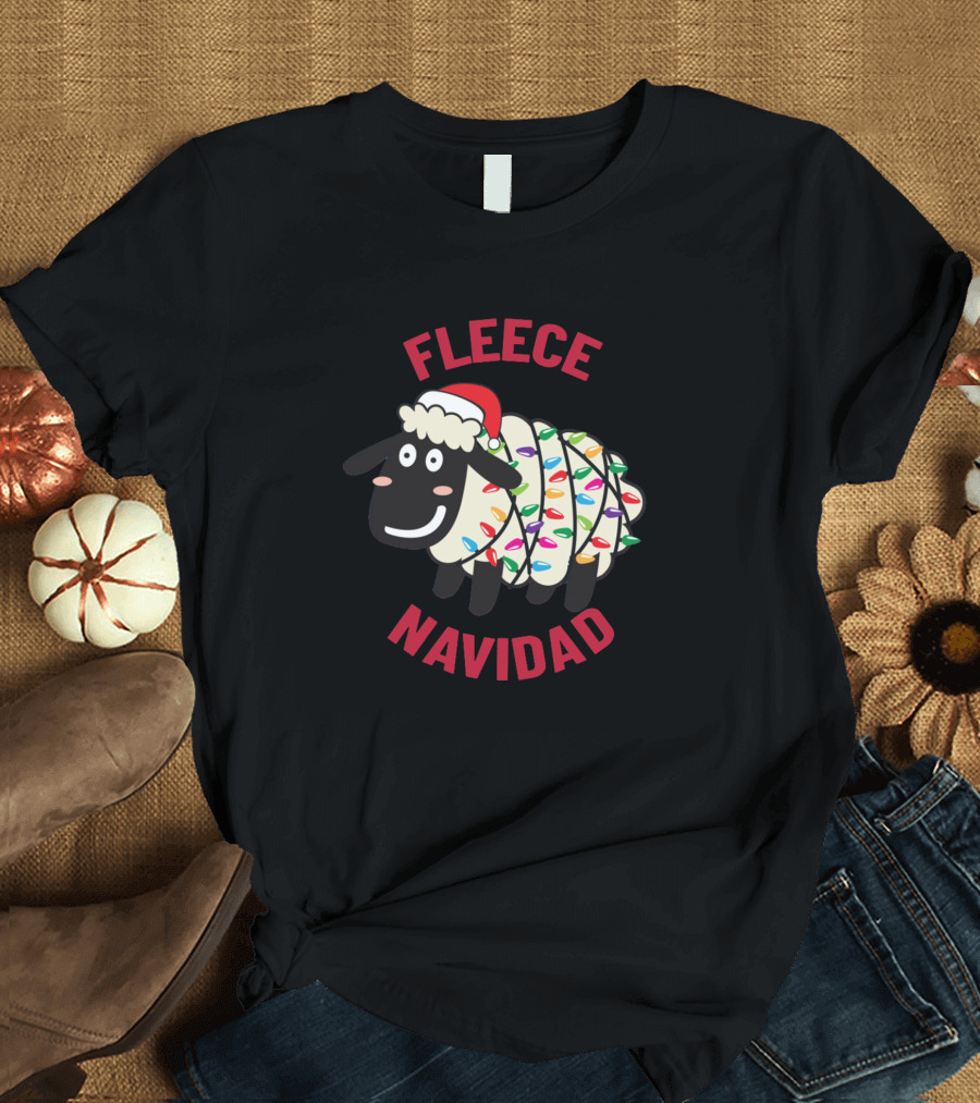 Fleece Navidad Sheep Christmas Lights Santa Hat T-Shirt