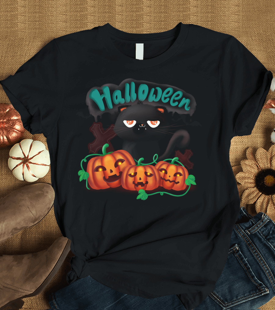 Halloween Black Cat Pumpkins Bats T-Shirt