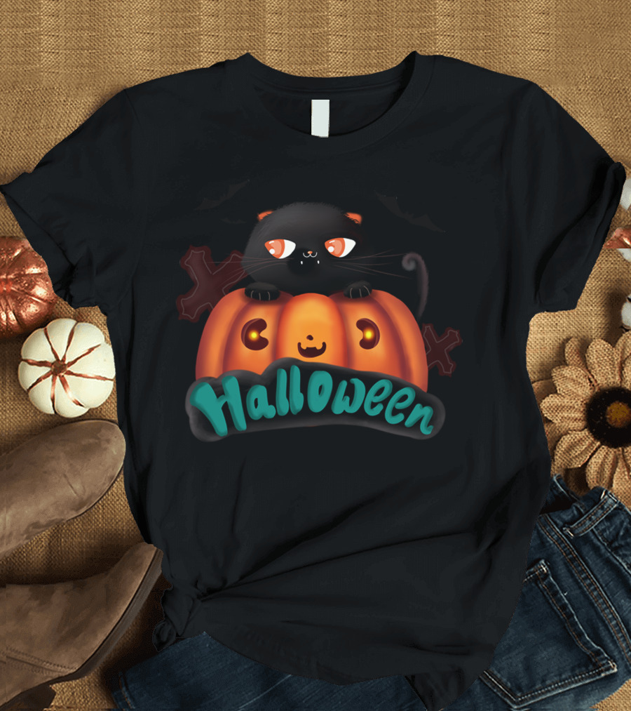 Halloween Black Cat Pumpkin with Bats and Spooky Expression T-Shirt