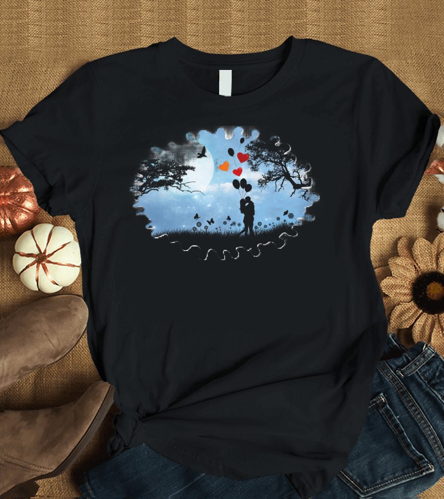 Lovely Couple Silhouette Under Moonlit Sky with Heart Balloons T-Shirt