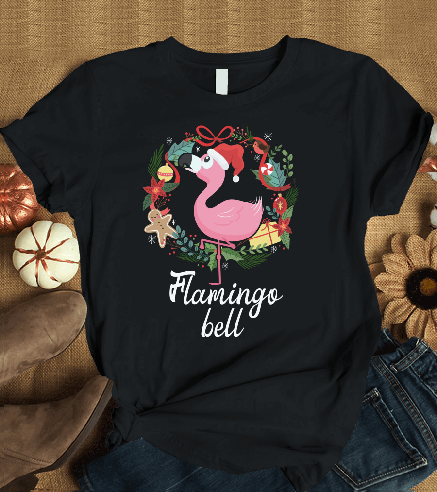 Flamingo Bell Christmas Wreath Santa Hat Holiday Cheer T-Shirt