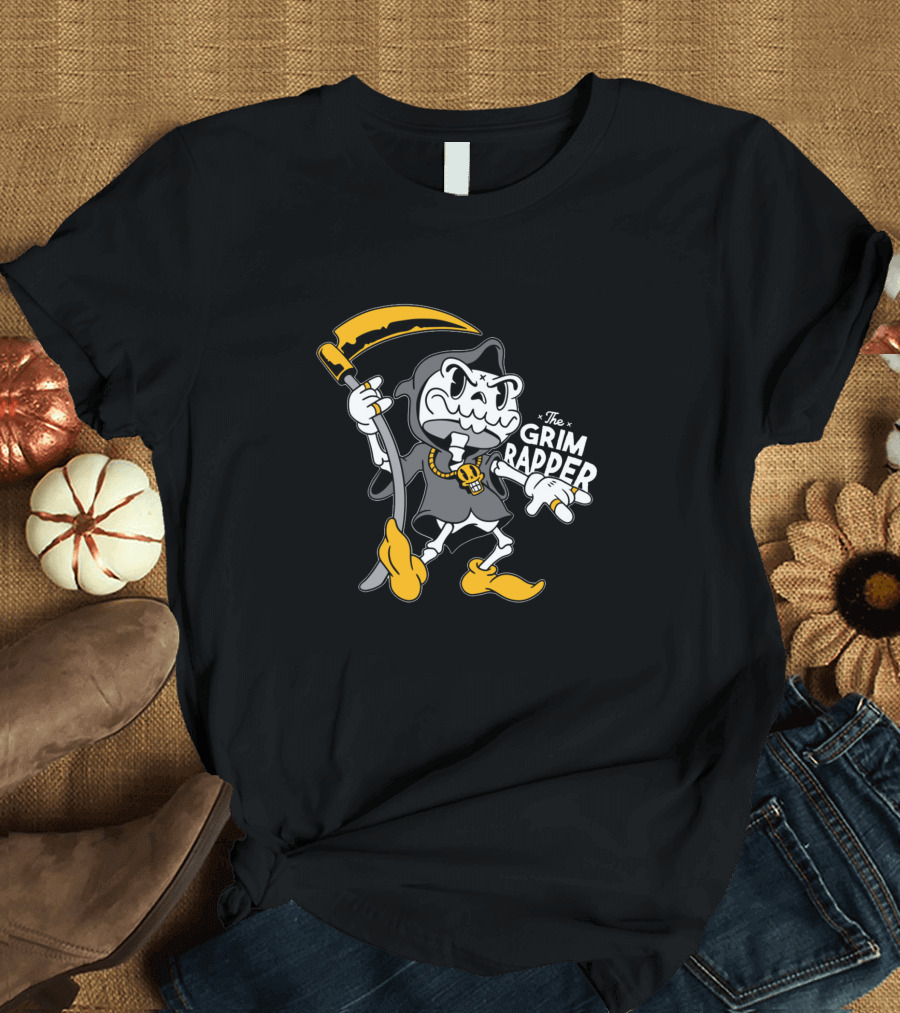 The Grim Rapper Cartoon Style Skeleton with Yellow Scythe and Shoes T-Shirt