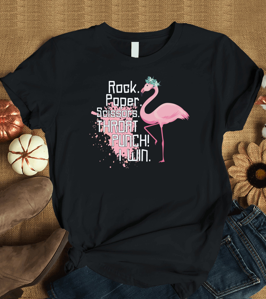 Rock Paper Scissors Throat Punch I Win Flamingo with Pink and Blue Accents T-Shirt