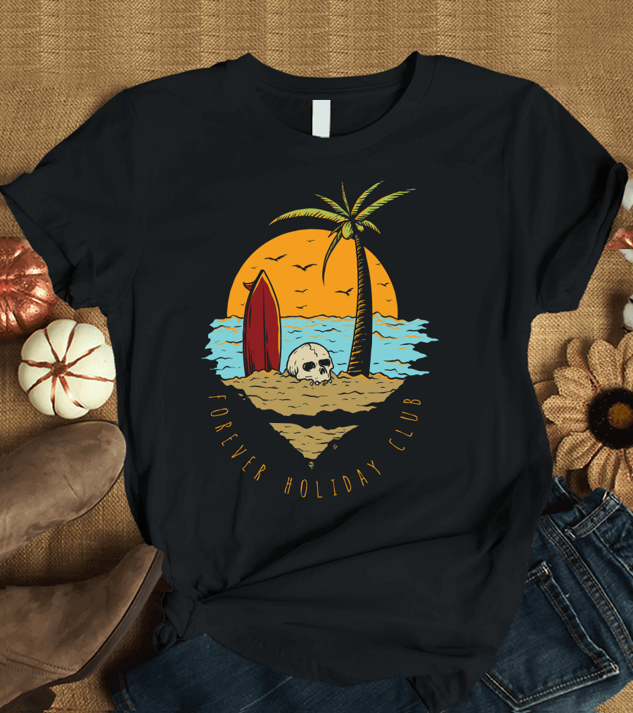 Forever Holiday Club Skull and Surf Board in the Sunset Beach Scene T-Shirt