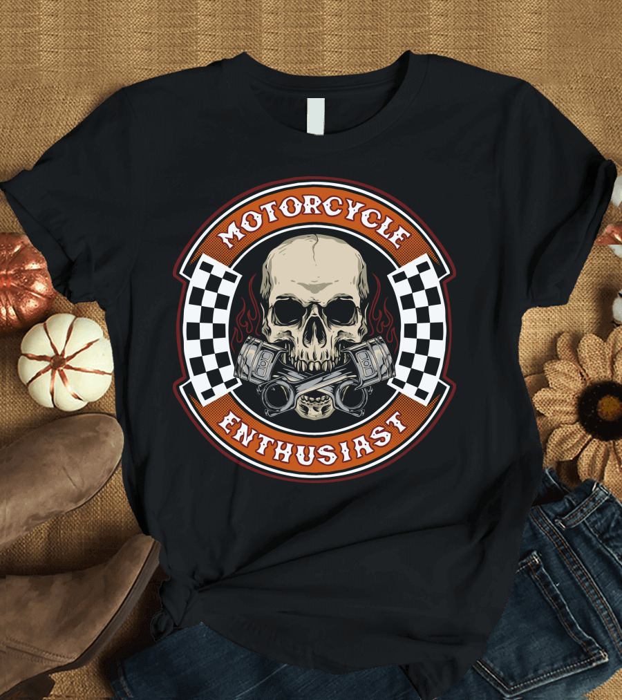 Motorcycle Enthusiast Skull Biker With Piston Checkerboard Flames T-Shirt