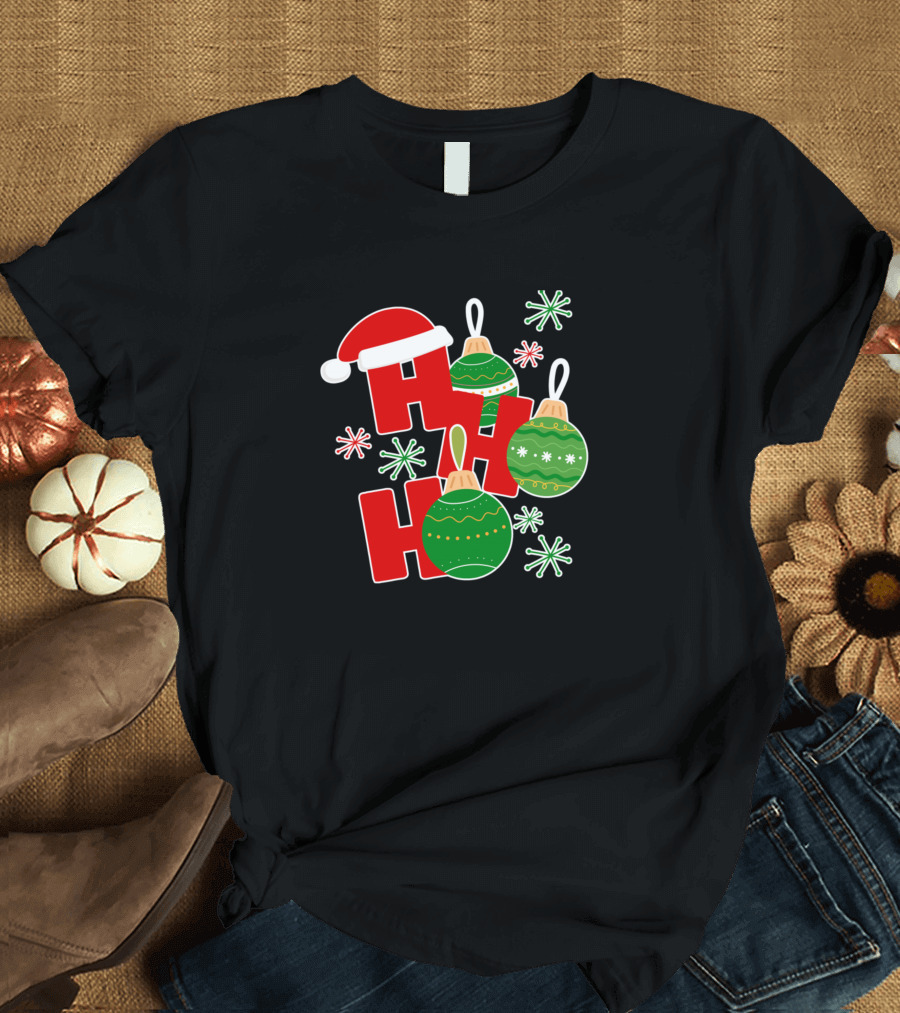 Ho Ho Ho Christmas Santa Hat and Green Ornaments T-Shirt