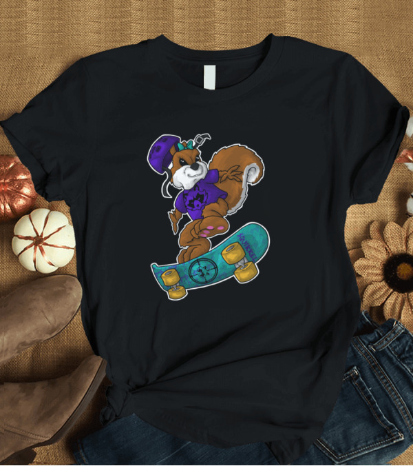 T-Shirt: Skater Squirrel Freestyling on Purple Helmet and Graphic Tee with Squirrel Skateboard T-Shirt Skater Squirrel Freestyling on Purple Helmet and Graphic Tee with Squirrel Skateboard T-Shirt