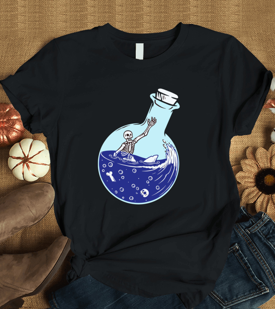 Skull Skeleton in Potion Bottle with Shark Fin and Bones T-Shirt