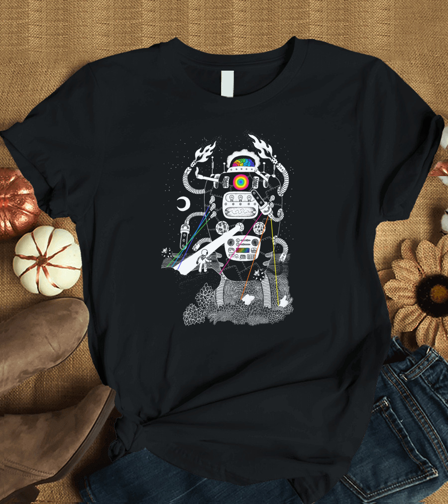 Behold My Wrench Destructron Cosmic Robot with Rainbow Energy and Psychedelic Symbols T-Shirt