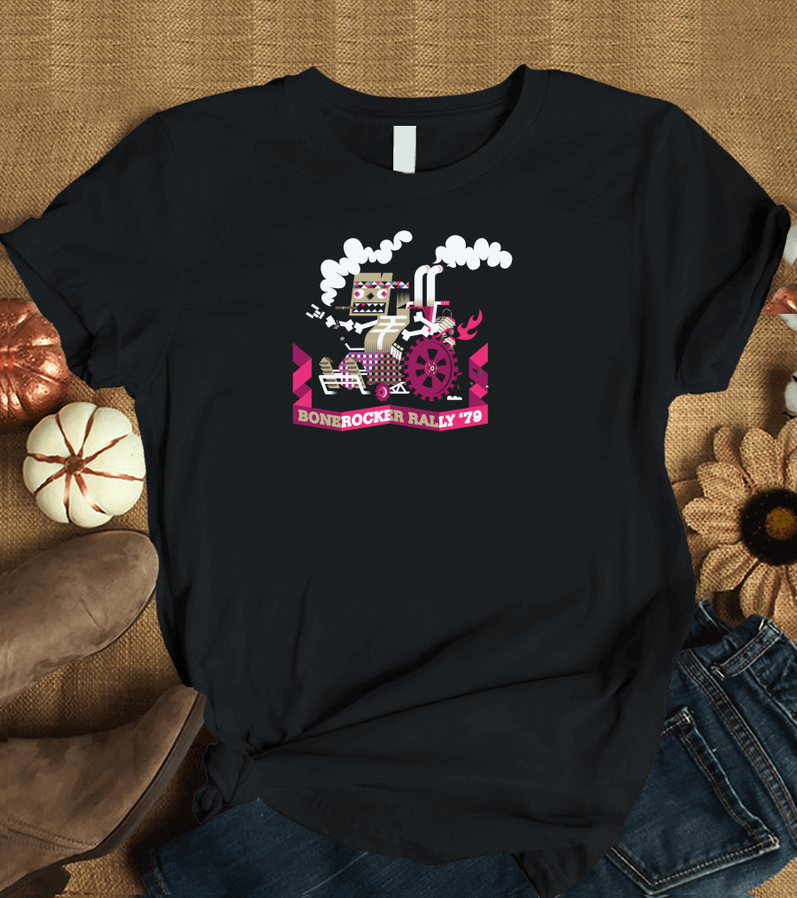 Bonerocker Rally '79 Steampunk Machine with Flames and Gears T-Shirt