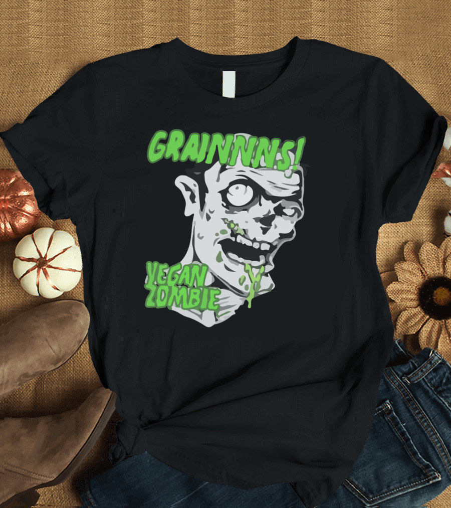 GRAINNNS Vegan Zombie Face with Green Text and Drool T-Shirt