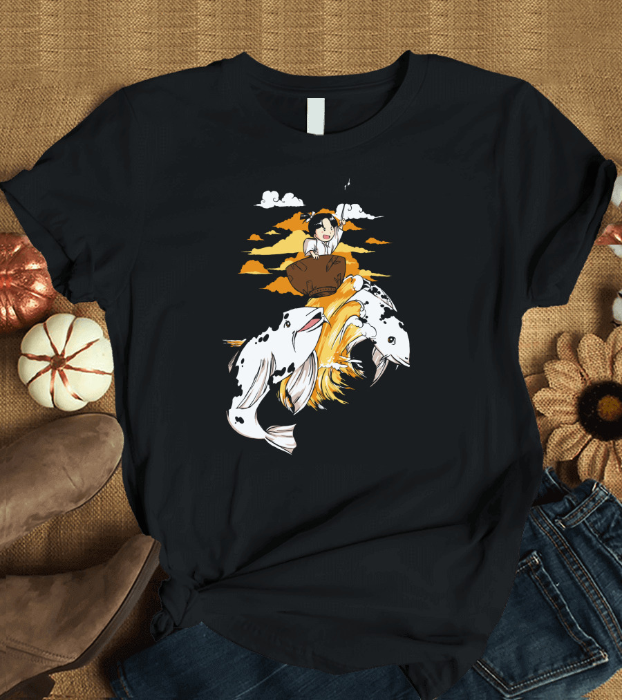 Issun Boshi Riding Koi Fish Adventure in Sunset Boat Scene T-Shirt