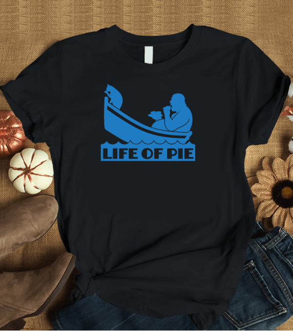 T-Shirt: Life of Pie Blue Silhouette Man Eating on Boat with Cat T-Shirt Life of Pie Blue Silhouette Man Eating on Boat with Cat T-Shirt