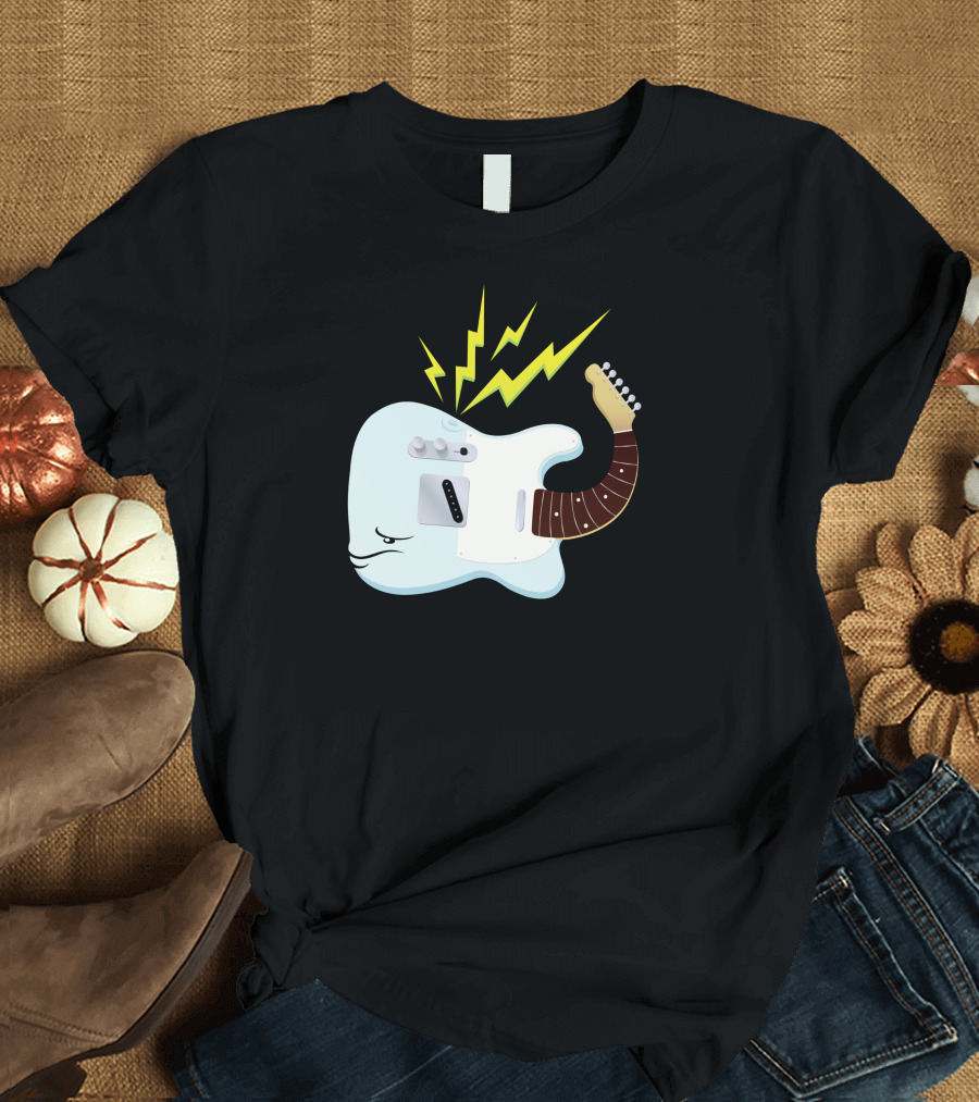 Electric Guitar with Shocked Expression and Lightning Bolts T-Shirt