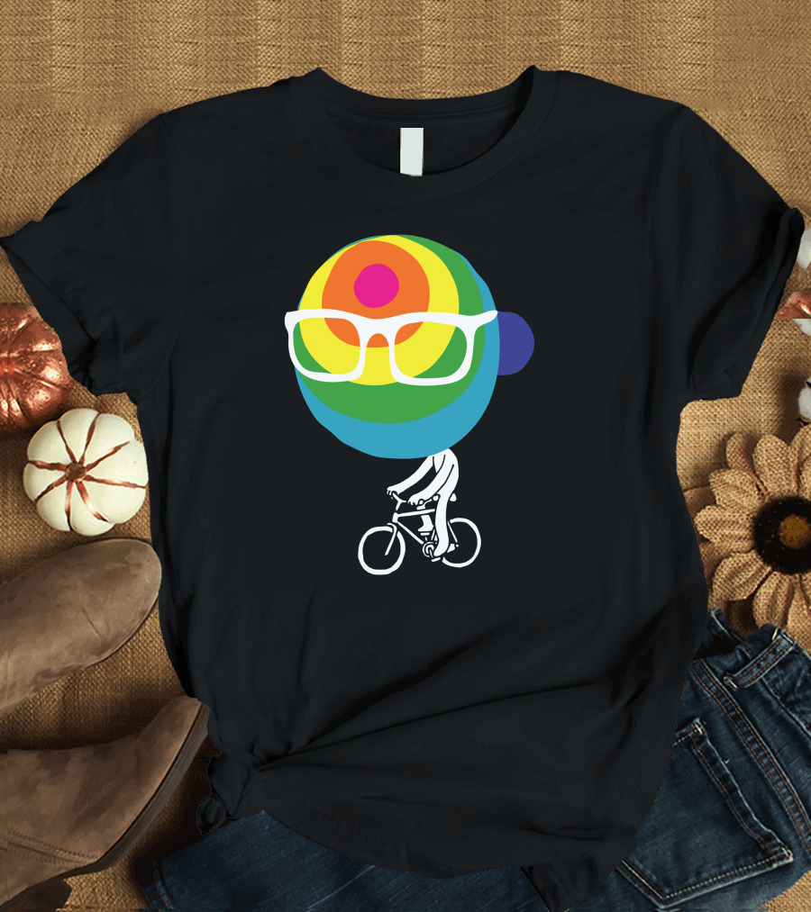 Rainbow Bike Rider with Colorful Helmet and Glasses T-Shirt