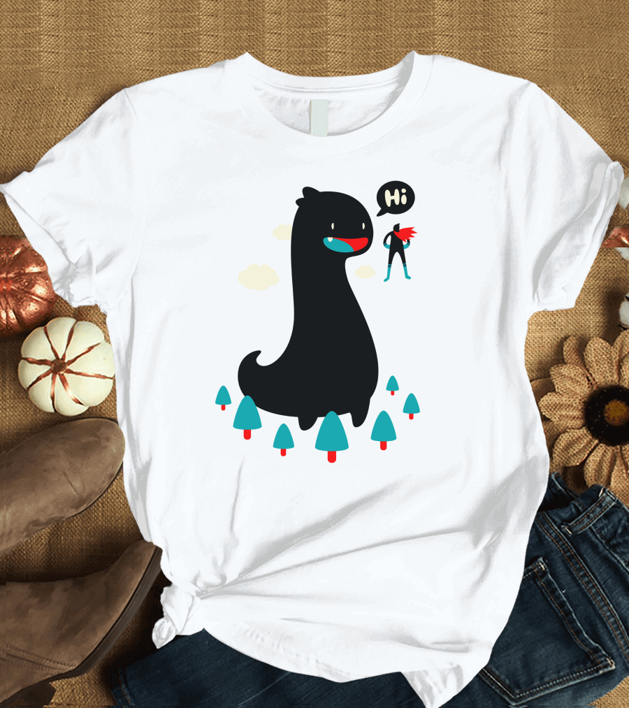 Giant Friendly Dinosaur with Superhero Greeting in Forest Scene T-Shirt