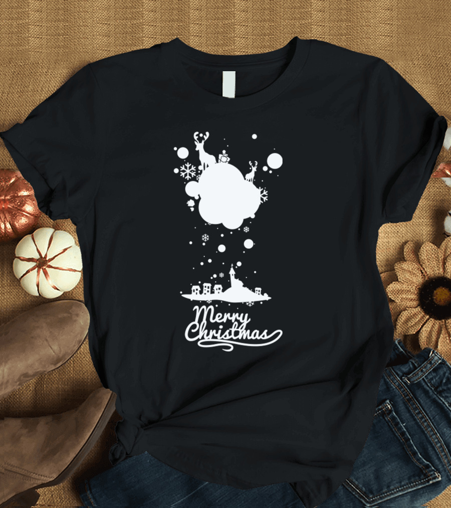 Merry Christmas Reindeer Santa Snowflakes and Village Scene T-Shirt