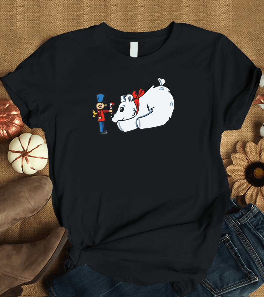 Nutcracker with Candy Cane and Polar Bear with Red Bow T-Shirt