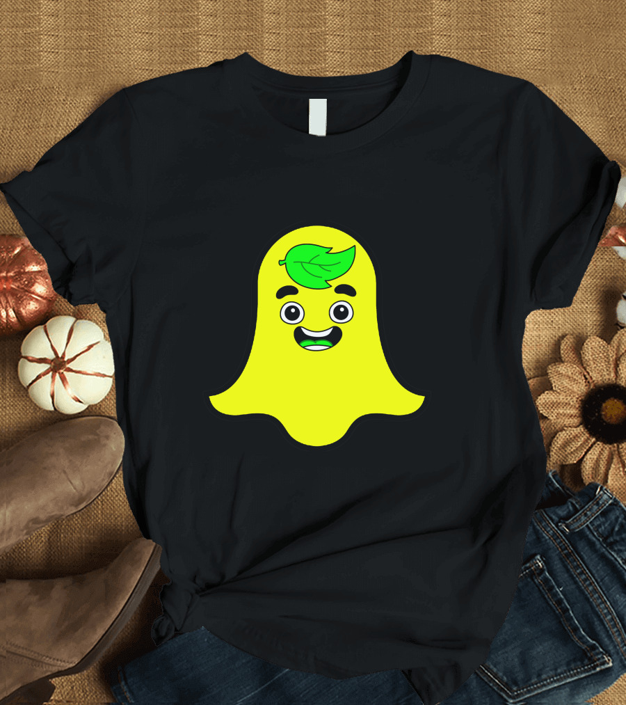 Guava Snap Ghost Emoji with Green Leaf Face T-Shirt