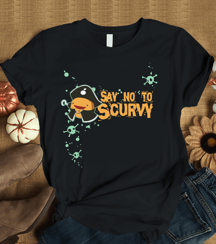 Say No To Scurvy Pirate Orange Character with Skull and Crossbones T-Shirt
