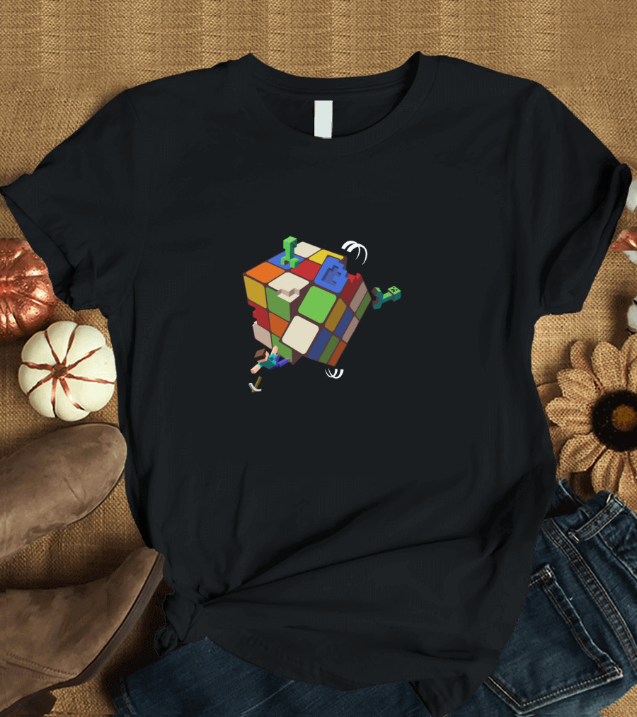 Minecraft Characters Escaping Rubik's Cube Twist of Fate T-Shirt
