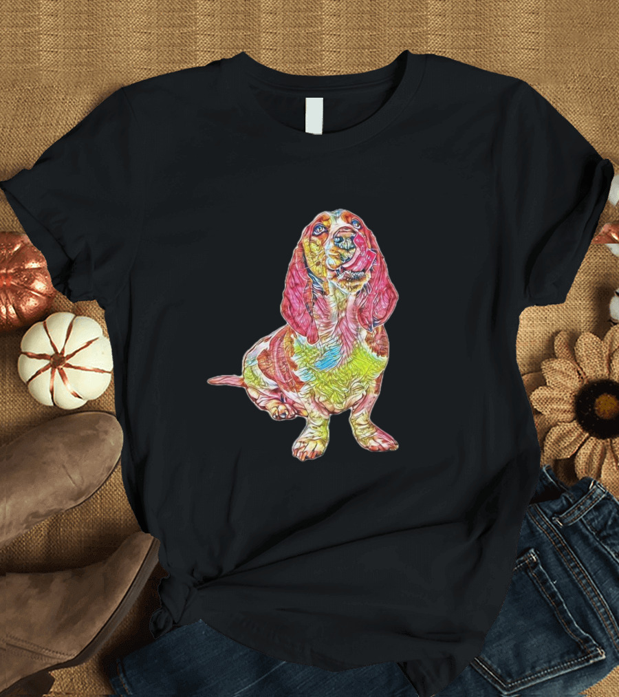 A Cute Basset Hound Dog Looki Vibrant Psychedelic Colors T-Shirt