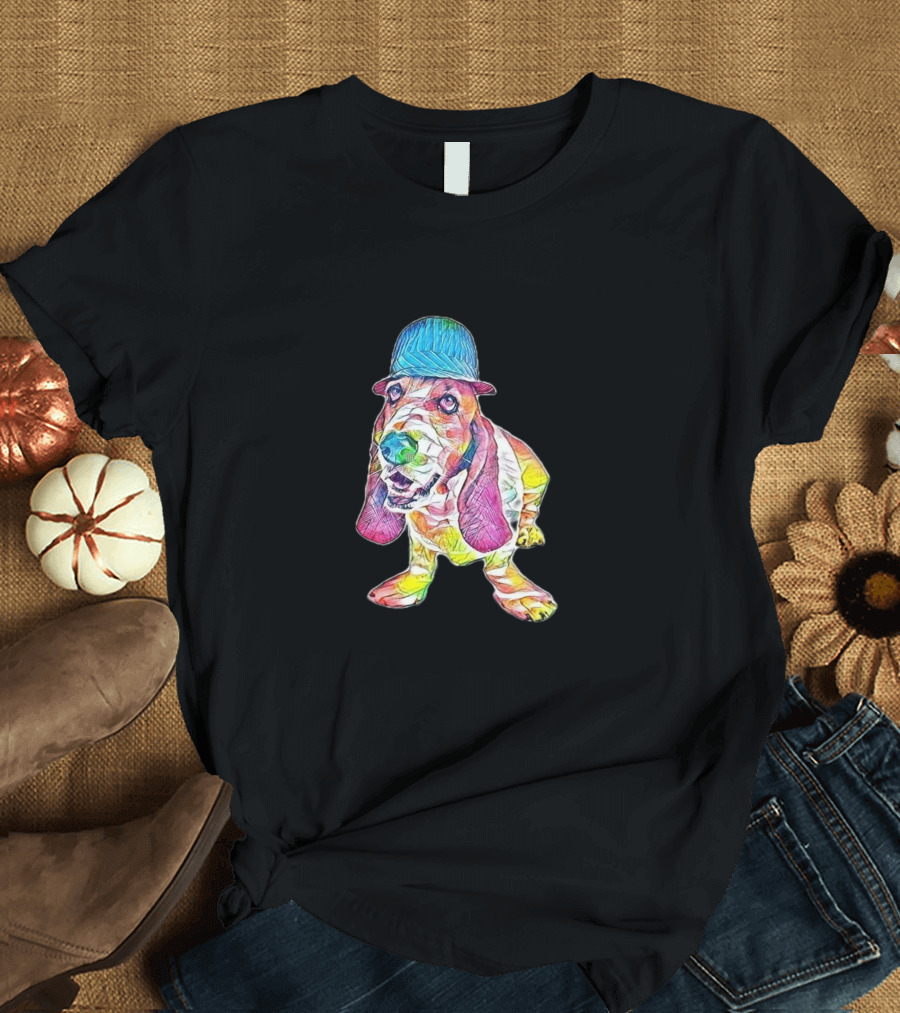 A Funny Basset Hound Dog Colorful Hat Wear T-Shirt