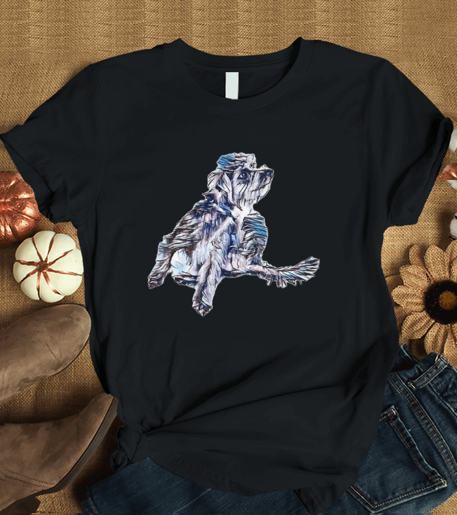 A Small Scruffy Dog Scratchin' Artwork with Textured Blue and White Lines T-Shirt