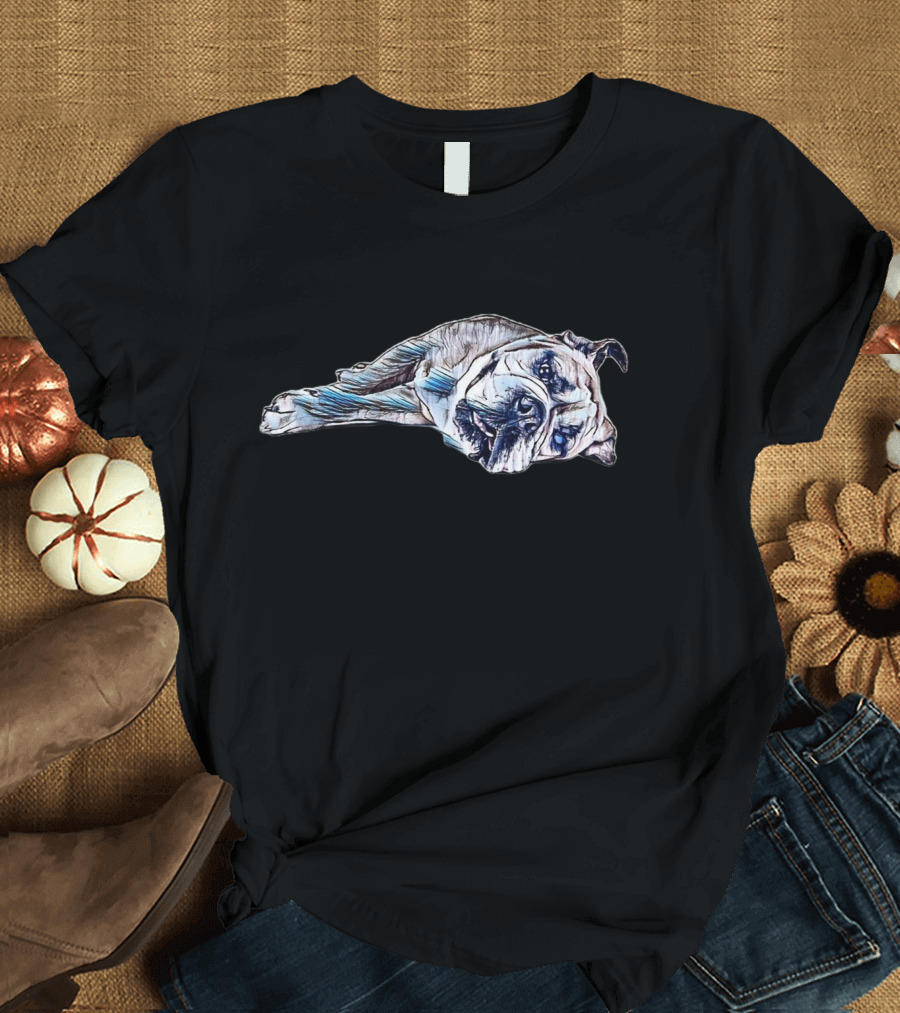 Tired Bulldog Laying Down Relaxed in Sketch Style Drawing T-Shirt