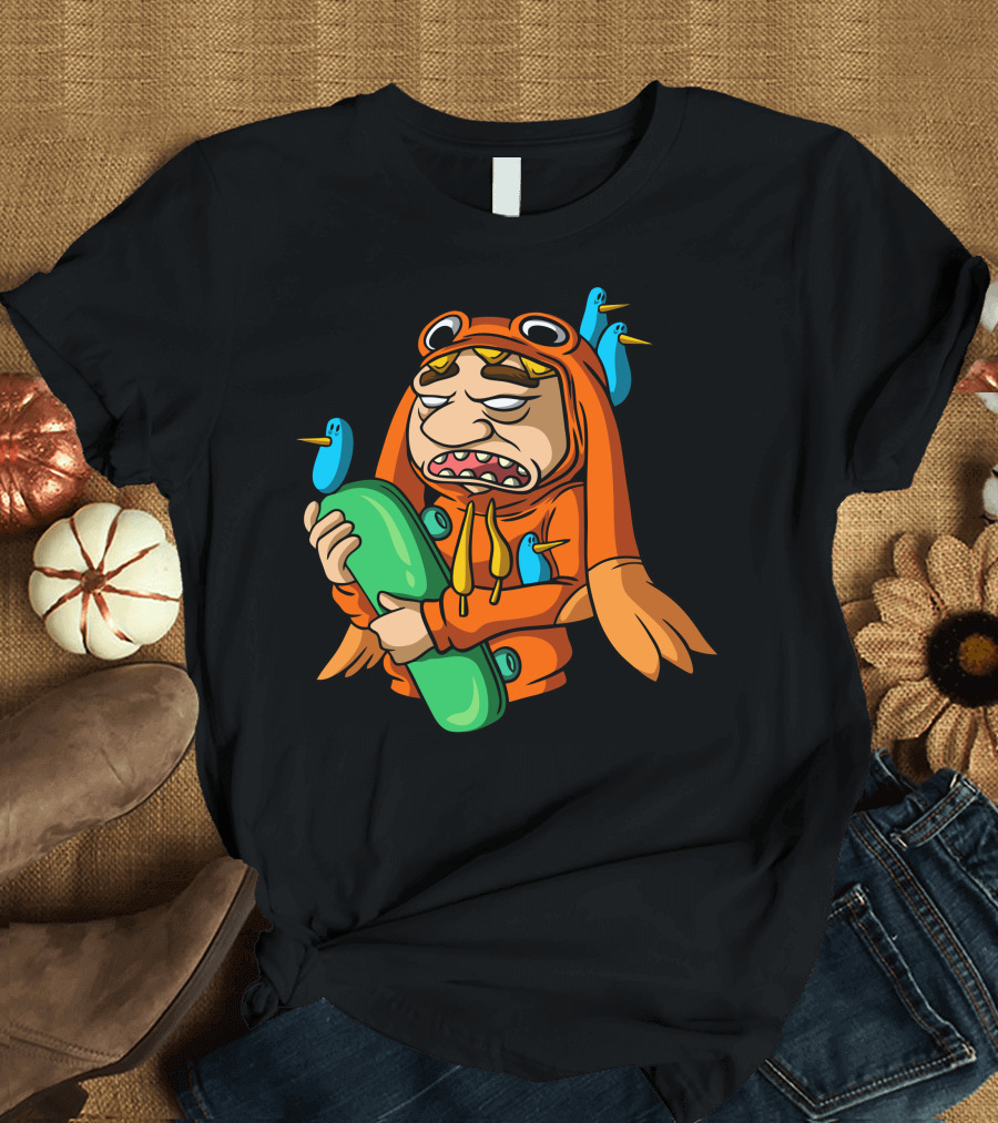 Bad Skateboard Man with Fish Hoodie and Angry Birds T-Shirt