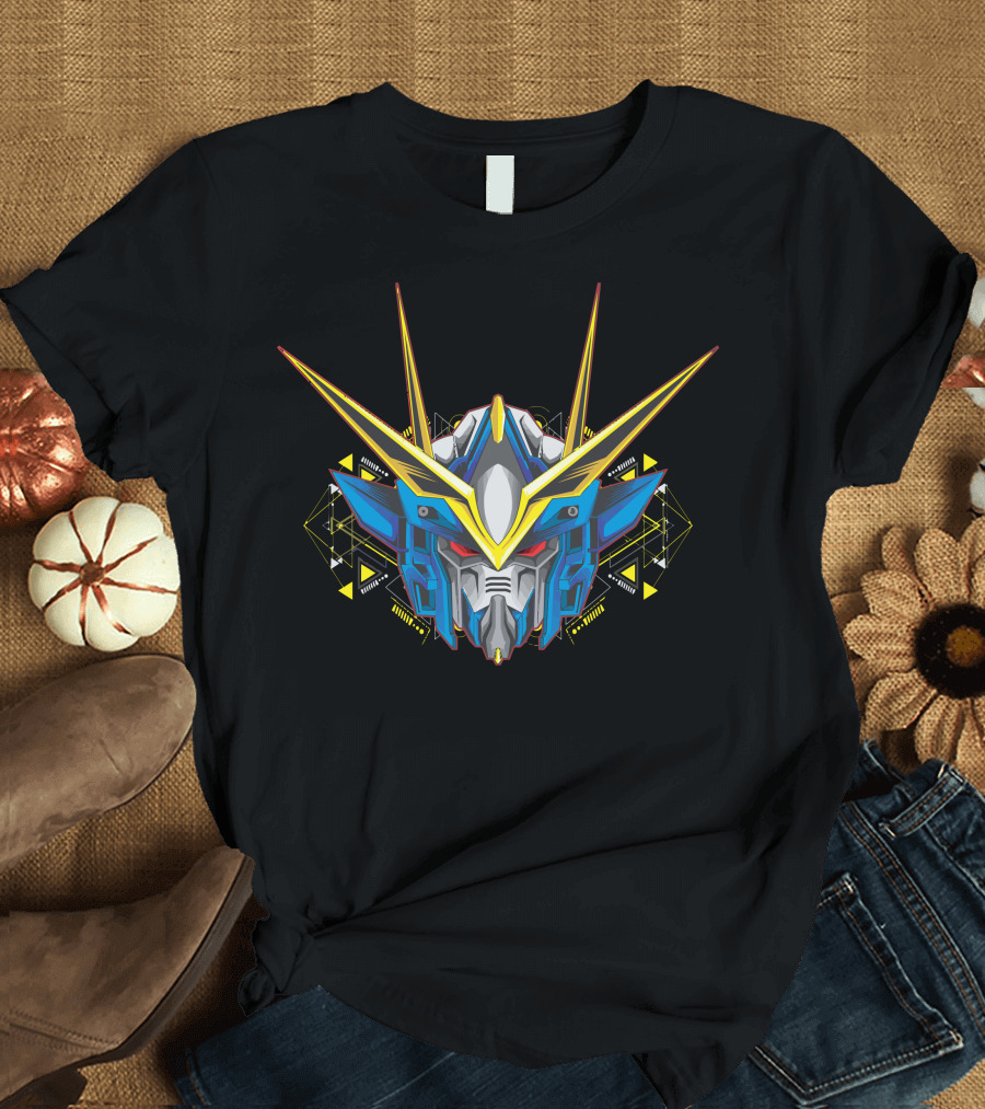 Blue Killer Robot Head with Geometric Yellow Antennas T-Shirt