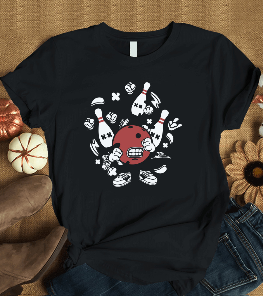 Bowling Ball and Pins Cartoon Character in Sneakers T-Shirt