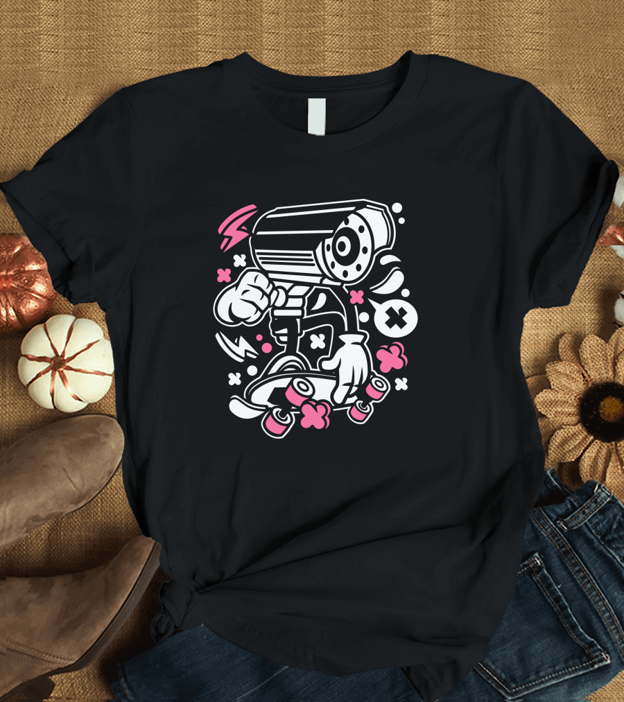 Camera Skate Cartoon Character on Skateboard with Pink and White Accents T-Shirt