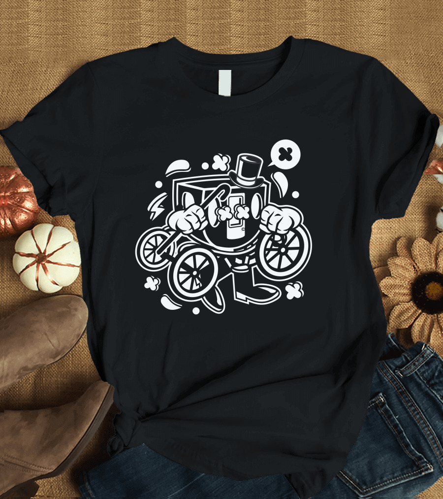 Carriage Cartoon Character with Top Hat and Wheels T-Shirt