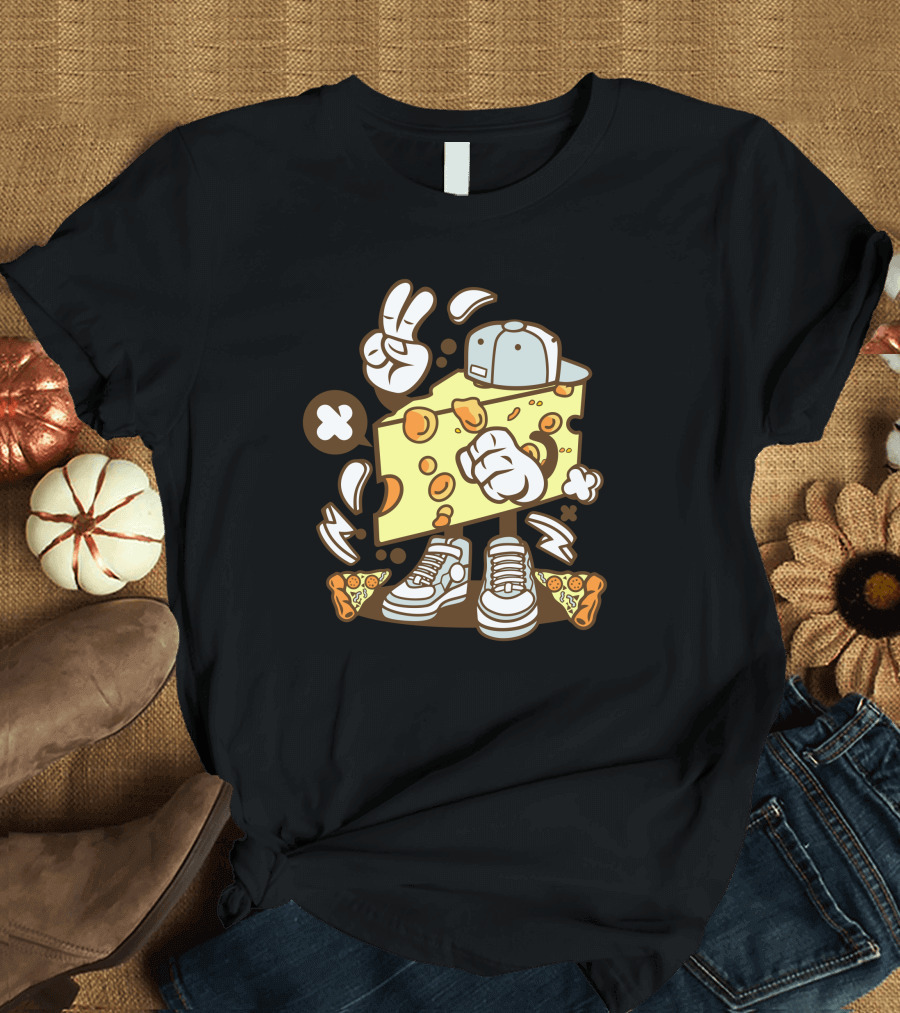 Cheese Cartoon with Sneakers and Pizza Elements T-Shirt