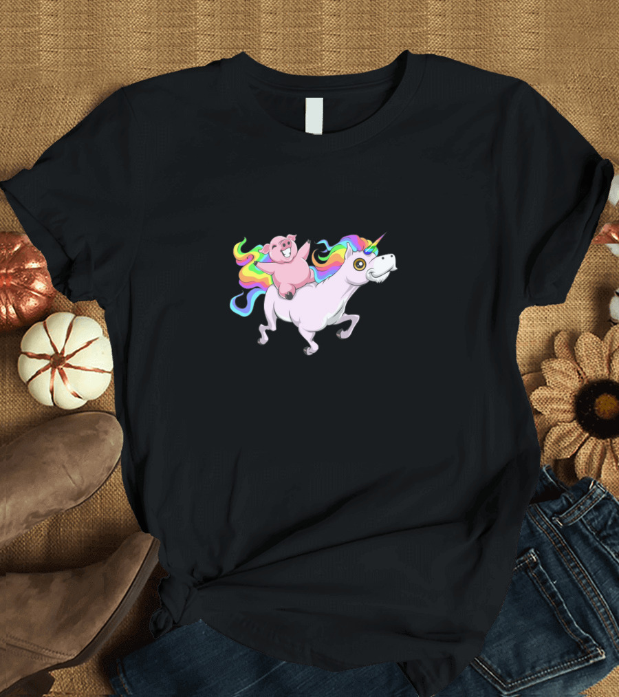 Cute Pig Riding On Rainbow Unicorn Fun Animal Friend Adventure T-Shirt
